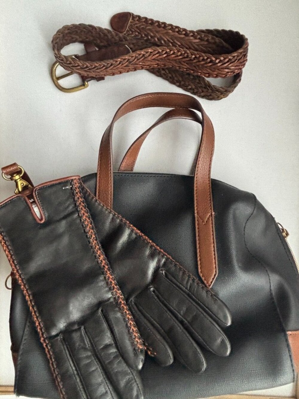 Fossil Black & Brown Handbag Set | New Vintage Danier Leather Gloves Small - Picture 5 of 7